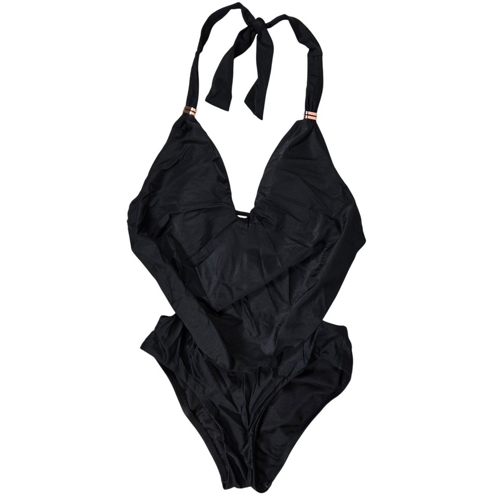 Bar III Solid Womens Cowlneck One-Piece Swimsuit in Black XS